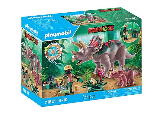 Tricératops avec bébé, œuf et explorateur - Dinos