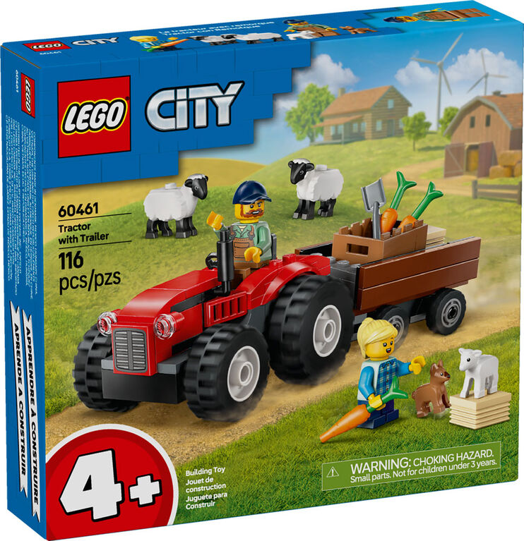 Le tracteur agricole rouge avec remorque et moutons - City