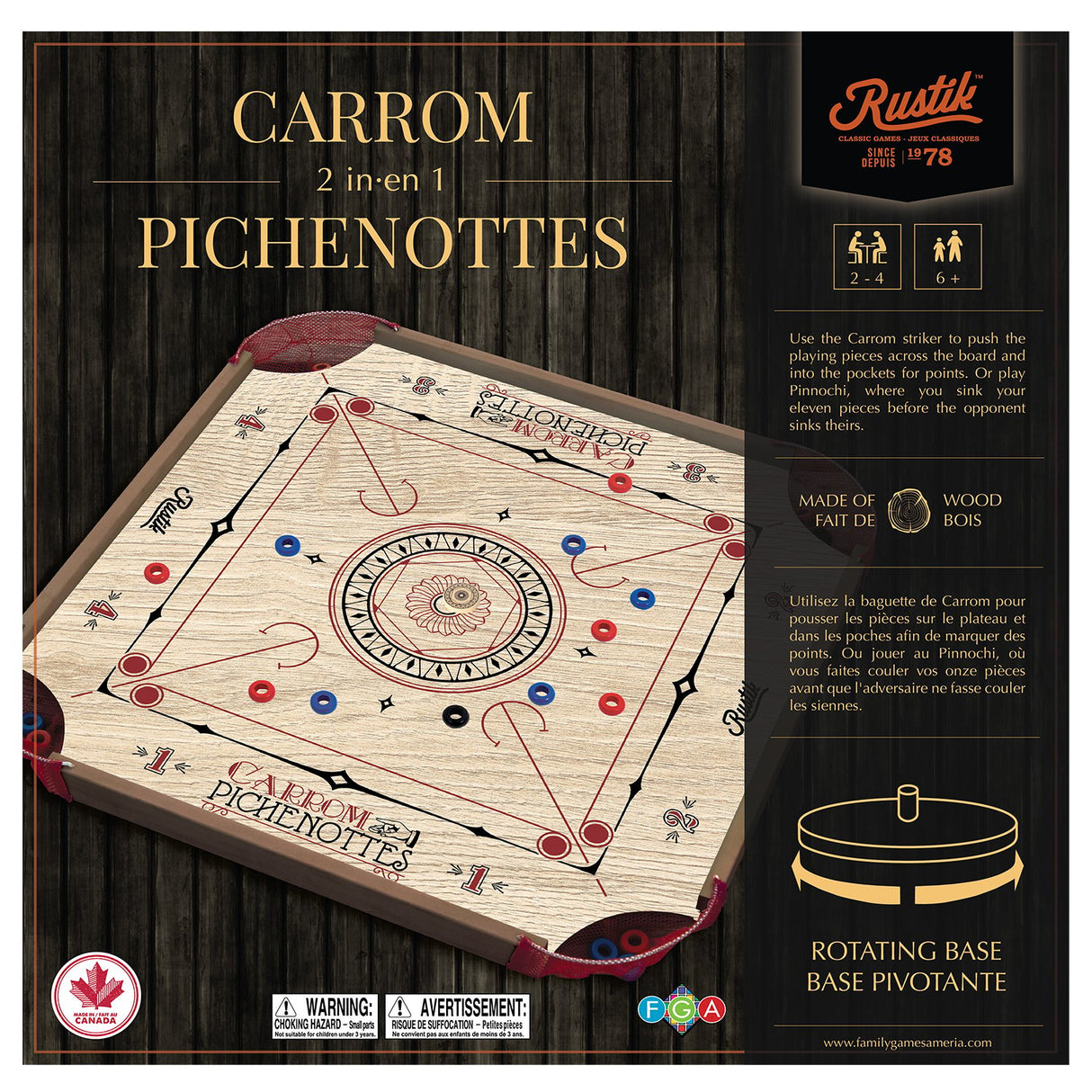 Carrom et Pichenottes 2-en-1 Bois foncé