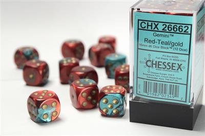 Brique 12 d6 16mm Rouge et Turquoise / Or - Gemini