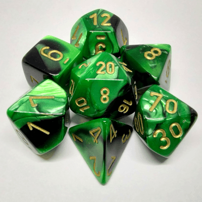 Ensemble dés polyédriques Noir-Vert / Or - Gemini - La Ribouldingue
