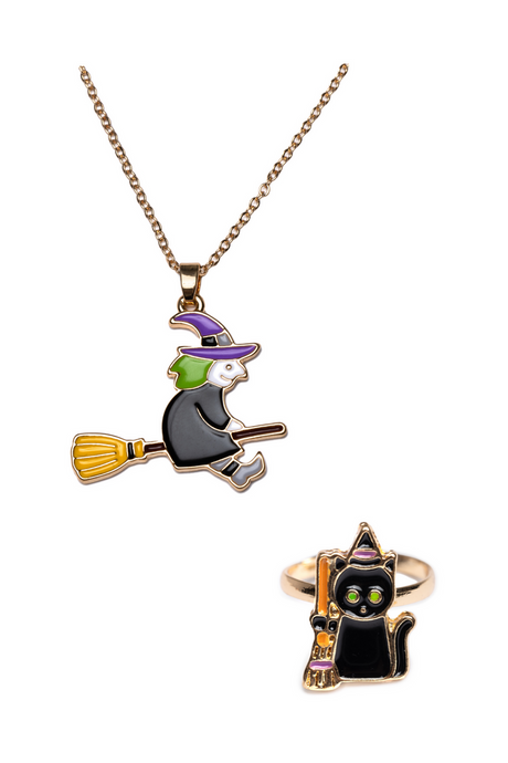 Necklace and Ring - Witch and Black Cat