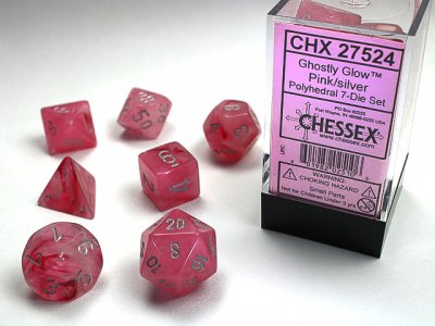 Pink / Silver Polyhedral Dice Set - Ghostly Glow