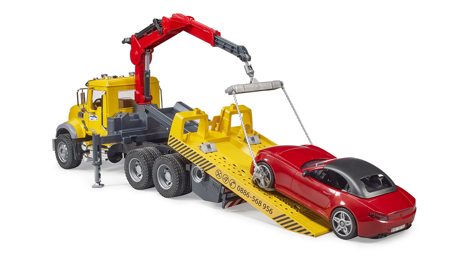 MACK Granite tow truck with BRUDER Roadster – La Ribouldingue