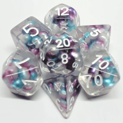 Ensemble dés polyédriques Mauve-Sarcelle / Blanc - Bullus - La Ribouldingue